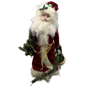 Santa Claus Figurine Faux Fur Beard & Velvet Robe Holding Christmas Tree READ